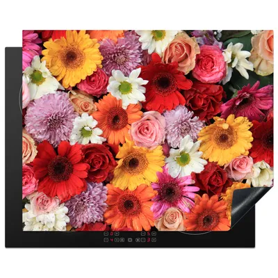 Produktbild von KitchenYeah© Herdabdeckplatte Blumen - Farben - Gerbera - Rosen , 65x52cm, Küche Deko, Glaskeramikkochfeld Herdabdeckung, Abdeckplatte fùr Kochfeld