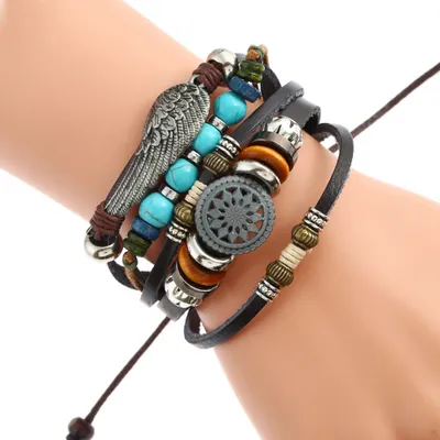 Produktbild von Mehrschichtiges Legierungs-Federperlen-Kettenarmband, ethnisch gewebtes Armband-Dekor