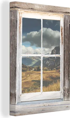 Produktbild von OneMillionCanvasses® - Leinwandbilder - 90x140 cm, Aussicht - Berg - Holz, - Geöffnetes Fenster - Fensterblick Schlafzimmer Kunstdruck Wanddekoration - Foto auf Leinwand - Gemälde auf Holzrahmen  - Wandschmucke - Schlafzimmer