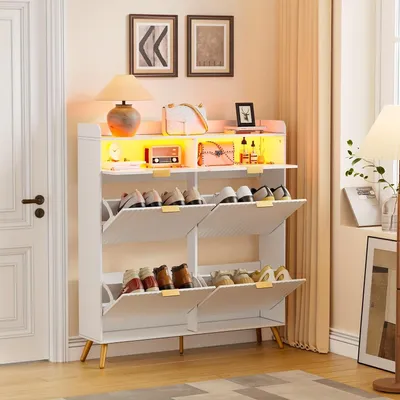 Immagine prodotto di Armadio per scarpe - Porta scarpe - Contenitore per scarpe - Mobile per l'ingresso - Mobiletto per scarpe - Bianco - 4 ante - Piano in vetro