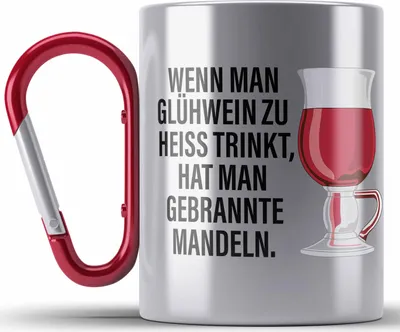 Produktbild von Trendation - Glühwein Edelstahl Tasse Karabiner Lustig Spruch Glühweinbecher mit Henkel Doppelwandig GlühweinEdelstahl Tasse Karabinern Gläser Weihnachtsmarkt Becher Edelstahl Tasse Karabinern Geschenk - Gebrannte Mandeln (Rot)
