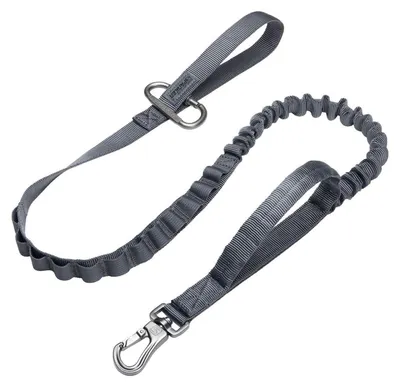 Image de Laisse de traction tactique pour chien, en nylon, de couleur grise, avec 2 poignées et un crochet en métal