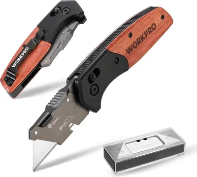 Image de WORKPRO couteau pliant manche bois serrure coulissante lames SK5 clip ceinture