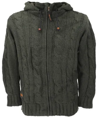 Produktbild von Uni Strickjacke, Wolljacke mit Aufwendigem Zopfmuster, Nepaljacke mit Fleecefutter - Dunkelgrün, Herren, Wolle, Größe: S