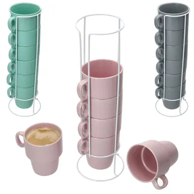 Produktbild von Stata 6x Kaffeebecher mit Ständer 250ml rosa Tasse Henkel Porzellan stapelbar