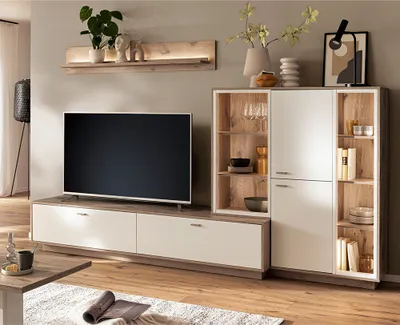 Produktbild von Wohnwand in Eiche und weiß modern mit LED-Beleuchtung, 3-teilig - SAGUNTO-05