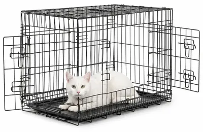 Image de lionto Cage de transport pour chats en métal, stable & pliable avec cloison & bac de fond en plastique, 76x49x56 cm