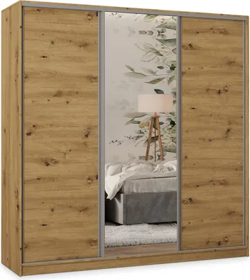 Produktbild von Masseno Schiebetürenschrank TARI 180/205/58 cm Kleiderschrank mit 4 Schubladen Schlafzimmer Schrank 3-türig mit Spiegel Eiche Artisan
