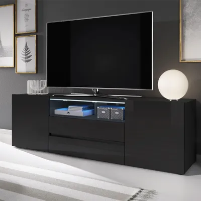 Produktbild von Selsey TV-Lowboard BROS, Schwarz Matt & Hochglanz, 137 cm (B) x 42.5 cm (H) x 34.5 cm (T), mit LED-Beleuchtung, 2 Drehtüren, 2 Klappen, 2 offene Fächer, aus Laminat und Kunststoff, ABS-Kanten
