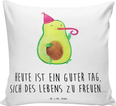 Produktbild von Mr. & Mrs. Panda kissen bedruckt Avocado Feier - Weiß - Geschenk, Fete, kuschelkissen 40x40, Sofa, Geburtstag, Party, Couchkissen, Feierlichkeit, Gute Laune