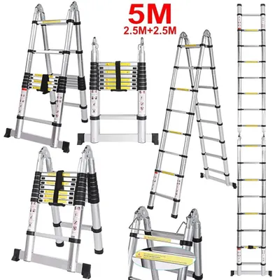 Produktbild von 5M(2.5+2.5M) Alu Teleskopleiter Klappleiter Ausziehleiter Schiebeleiter Stehleiter Rutschfester Aluleiter, 150 kg Belastbarkeit Mehrzweckleiter, 16 Sprossen