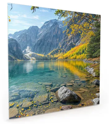 Produktbild von Küchenrückwand Spritzschutz Glas mit Motiv Bergsee im Herbst 40 x 40 cm