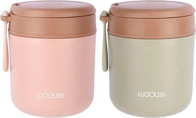 Produktbild von Famanu Isolierte Lebensmittelflasche mit faltbarem Löffel 430 ml - vakuumisolierte Lebensmittelbehälter für warme Speisen - Edelstahl -
