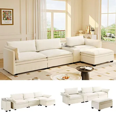 Produktbild von Modulares Schnittsofa L-Form, Chenille Cloud Couch, Ottoman, 315 x 70 x 85 cm, Beige
