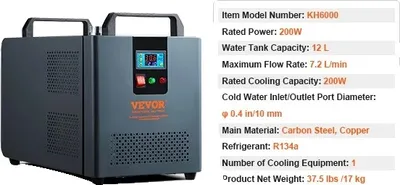 Zdjęcie produktu dla Przemysłowy agregat wody lodowej VEVOR, moc 200 W, pojemność zbiornika wody 12 litrów, KH6000 200W