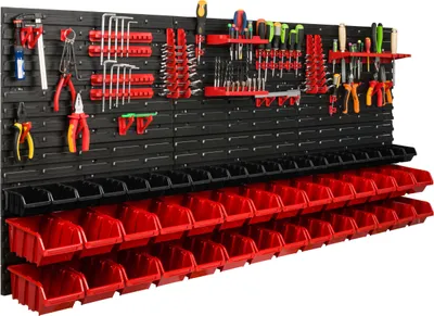 Obrázok produktu pre Skladovací systém dielenské regály | 172 x 78 cm | 50 ks. Box | Nástenné regály s držiakmi na náradie a stohovateľnými boxmi - Nástenné dosky Extra silné regály s otvormi na náradie Skladové regály Garážové regály
