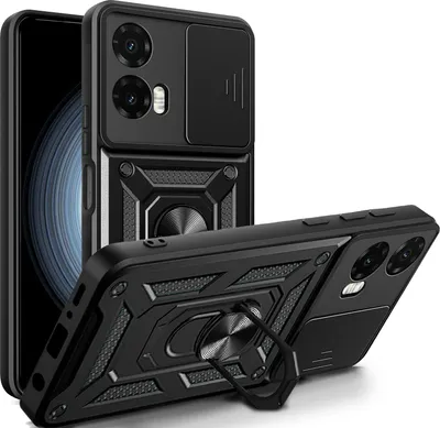 A black smartphone case with a ring holder and camera cover is shown from two angles against a white background.