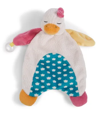 A plush toy goose with a cloud pattern on its belly.