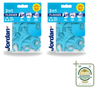 Produktbild von 2 x Jordan 3-in-1 Flosser - Zahnseide, Zahnstocher und Zungenreiniger - Vorratspackung - 2 Stücke