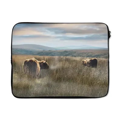 Produktbild von MuchoWow® Laptop Hülle 17 Zoll Laptoptasche Schottische Highlander - Nebel - Gras - Zipper - Schutzabdeckung