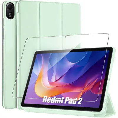 Image de Coque + Verre Trempé pour Xiaomi Redmi Pad 2, Protection avec Support Veille-Réveil - Vert