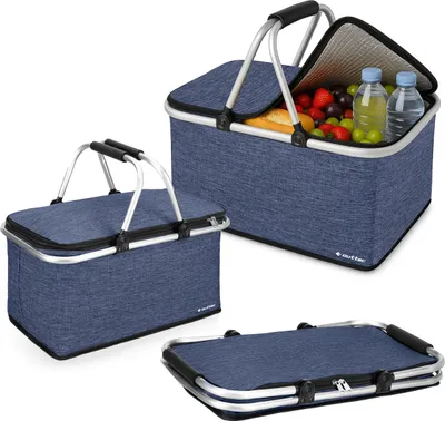 A collage of three images showing a blue picnic basket in different states: closed, open with food and drinks, and folded flat.