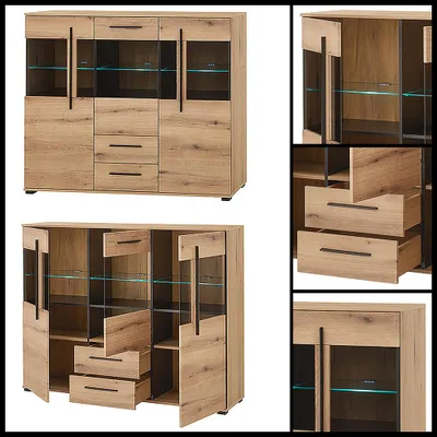 Produktbild von Wohnwand mit Sideboard & 2 Vitrinenschränken in Eiche, inkl. LED Beleuchtung, 5 teilig COLORADO-61