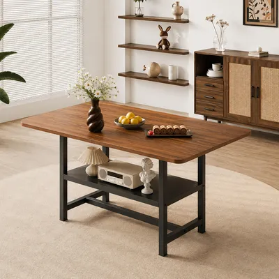 Image de Table rectangulaire, dimensions 160x90x76 cm, design industriel, étagère intégrée, pieds en métal (noir, noyer)
