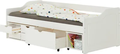 Produktbild von Bett mit Stauraum Kinderbett Jugendbett Bett 90x200 Kiefer massiv weiß