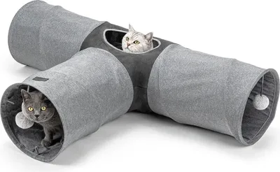 Produktbild von lionto Spieltunnel für Katzen, hochwertiger Faux-Linen Katzentunnel mit Spielball, erweiterbar & platzsparend, 30x120x80 cm, grau