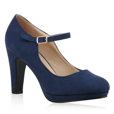 Produktbild von Mytrendshoe Damen Pumps Mary Janes Blockabsatz High Heels T-Strap 814325, Farbe: Dunkelblau, Größe: 39