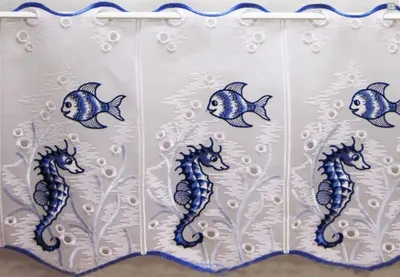 Produktbild von 1 Stück Scheibengardine Fische in Blau ca. 16 cm breit, Höhe 33