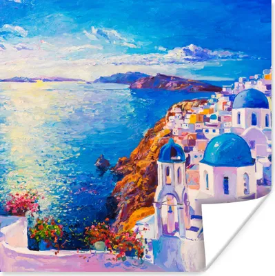 Produktbild von MuchoWow® Poster Malerei - Griechenland - Wasser - Öl 75x75 cm - Wand Dekoration