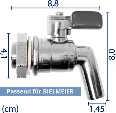 A close-up side view of a stainless steel tap with dimensions indicated.