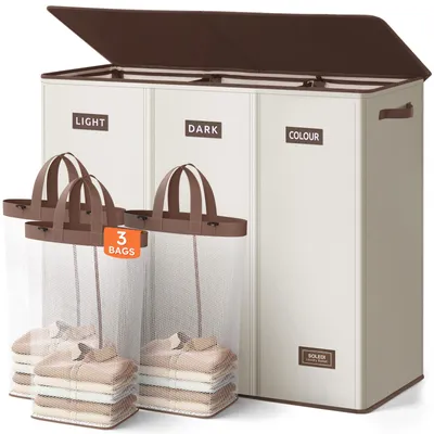 Image de Panier à linge avec couvercle, 200 litres, 3 compartiments, livré avec 3 sacs à linge, idéal pour la salle de bain