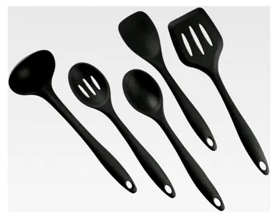 Produktbild von 5-teiliges Silikon Küchenhelfer Set, Küchenutensilien Set mit Pfannenwender, Schlitzlöffel, Löffel, Servierlöffel, Suppenkelle, Spülmaschinenfest, Antihaft, Hitzebeständig (5 Stück Schwarz)