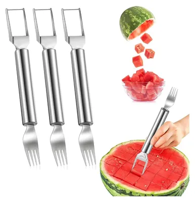 A set of watermelon cutters and a watermelon being cut into cubes.