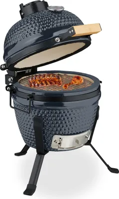Obrázek produktu pro Relaxdays Kamado gril, Ø 32 cm, keramický gril s teploměrem do 450 °C, BBQ, grilování, vaření a pečení, udírna, šedý