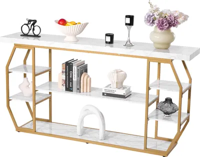 Produktbild von VEVOR Konsolentisch aus Marmor, moderner 3-stufiger Flurtisch (180 x 35 x 91 cm) für offene Aufbewahrung, goldener geometrischer Tisch mit Eisenrohren, Kippschutz und dreieckiger Unterstützung