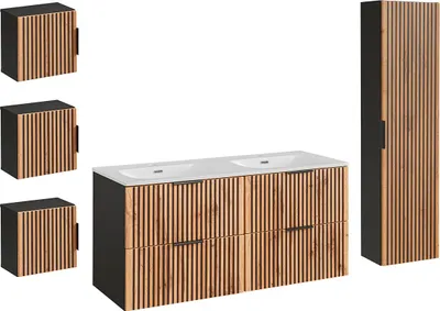 Produktbild von Doppelwaschtisch und Hängesäule 120.4cm Gaia mit 2 Schubladen, Eichenoptik und Schwarz