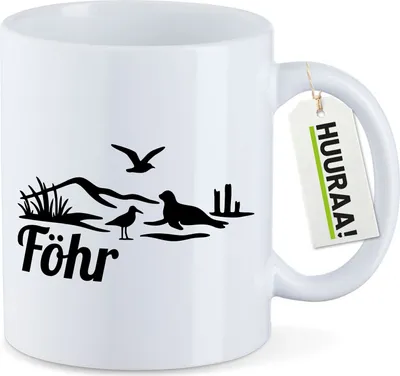 Produktbild von Huuraa Kaffeetasse Föhr Strandmotiv 330ml Weiß Keramik Kaffeebecher Geschenkidee