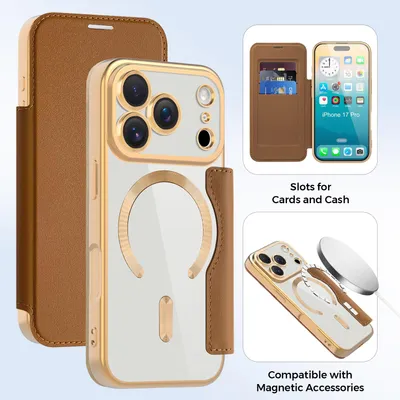 Immagine prodotto di Custodia per iPhone 17 Pro compatibile con MagSafe, custodia trasparente con portacarte, custodia in pelle con protezione della fotocamera Marrone