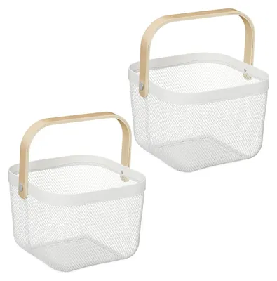 Produktbild von TRANKIELO® – Set aus 2 Drahtkörben mit Griff – Weiß, Bambus und Metall – 17,5 x 26 x 24,5 cm – Aufbewahrungslösung für den Haushalt