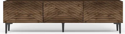 A front view of a wooden TV cabinet with a geometric pattern on its doors, set against a white background.