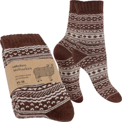 Produktbild von Celodoro Damen & Herren Frottee-Wollsocken mit Muster (1 Paar) - Braun mit Creme 39-42