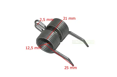 A close-up, angled view of a metal spring with measurement annotations.