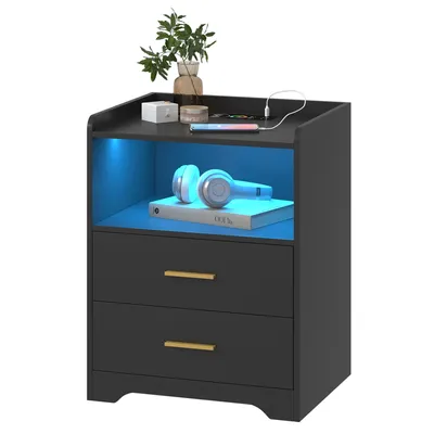 Produktbild von LVSOMT Moderner schwarzer Nachttisch aus Holz mit RGB LED-Beleuchtung, Ladefunktion und Steckdose, Praktischer Nachtschrank mit viel Stauraum