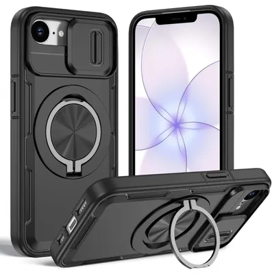 Produktbild von Magnetische Hülle für iPhone 16e /iPhone 17e, Militär Stoßfest Handyhülle mit Kameraschutz und Ringhalter Ständer Schwarz