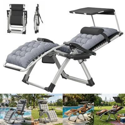 Produktbild von ACXIN Gartenliege ergonomisch gepolstert mit weicher Auflage und Sonnendach klappbar verstellbar mit Kopfkissen Getränkehalter Seitentasche Schwarz