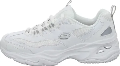 A white Skechers sneaker shown from the side.